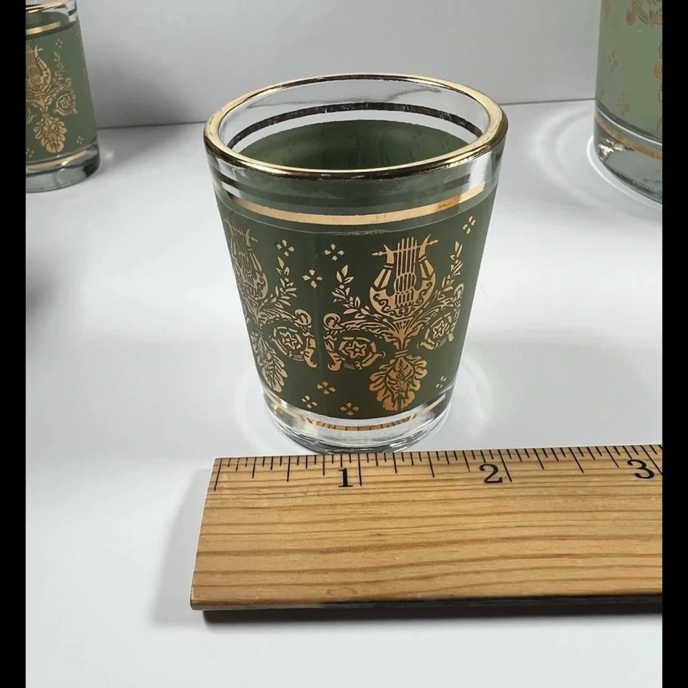 Vintage Green Gold Ice Bucket + 4 Small Glasses Hollywood Regency mid-century